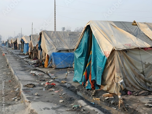 Temporary shelters lined along a muddy road providing refuge for displaced individuals in a challenging environment