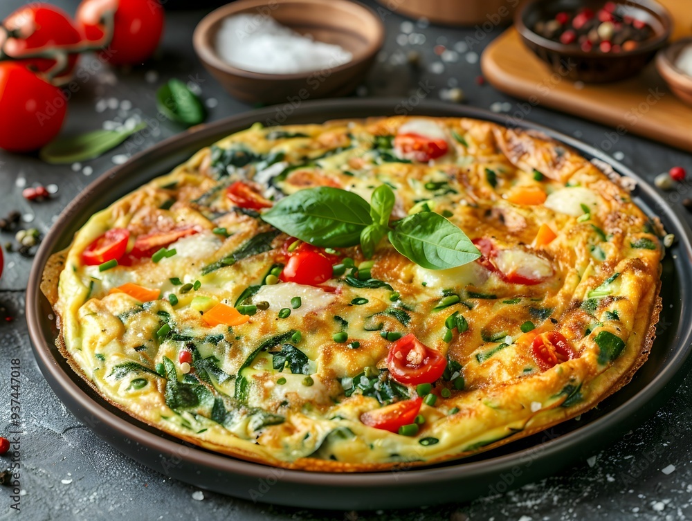 Delicious vegetable frittata with fresh tomatoes and herbs on a rustic kitchen table in the early afternoon Delicious vegetable frittata with fresh tomatoes and herbs on a rustic kitchen table in the early afternoon
