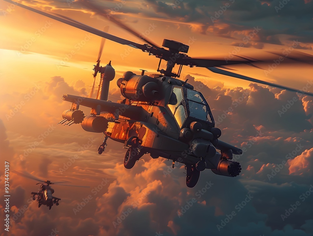 Two military helicopters navigate through a colorful sunset sky, showcasing powerful rotors and weaponry in flight Two military helicopters navigate through a colorful sunset sky, showcasing powerful rotors and weaponry in flight