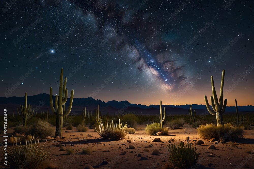Tranquil Desert Night with Peyote Cacti Under Vast Starry Sky Mystical Beauty and Serene Essence of the Desert Landscape