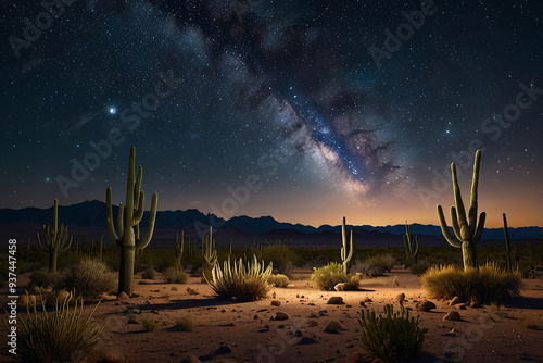 Obraz na płótnie Tranquil Desert Night with Peyote Cacti Under Vast Starry Sky Mystical Beauty and Serene Essence of the Desert Landscape w salonie