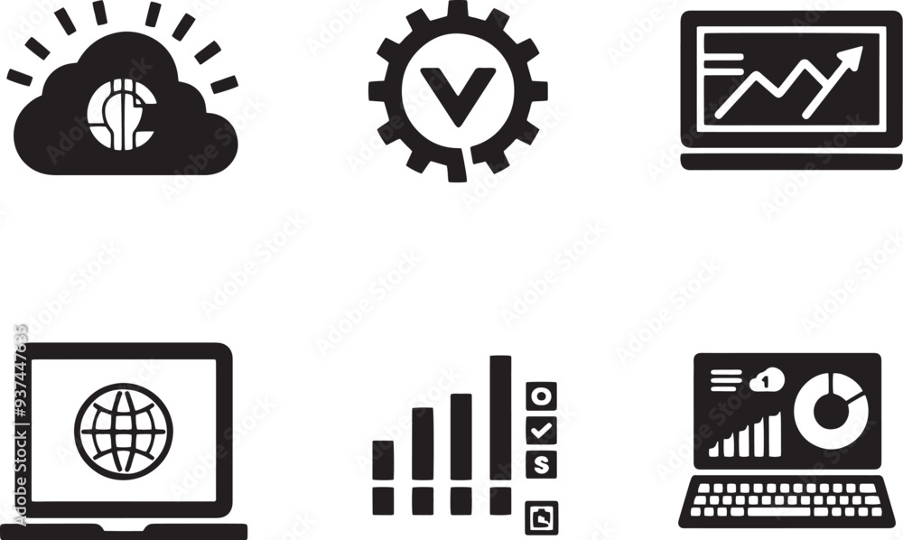 A straightforward vector icon set with a digital transformation, business growth, user experience, and cloud services A straightforward vector icon set with a digital transformation, business growth, user experience, and cloud services