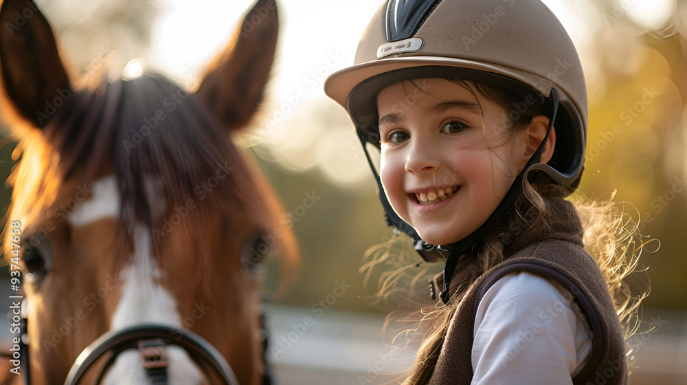 Young girl enjoying a horseback ride, wearing a protective helmet, with a bright and cheerful smile in a sunny setting.
Young girl enjoying a horseback ride, wearing a protective helmet, with a bright and cheerful smile in a sunny setting.