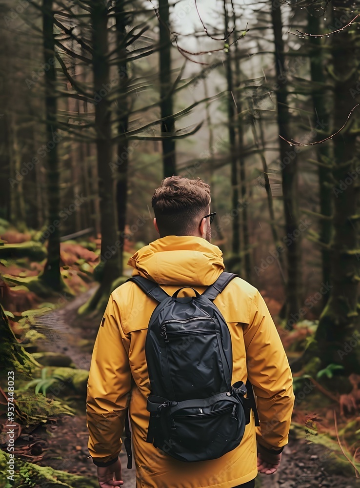Man in Yellow Jacket Hiking Through Forest Man in Yellow Jacket Hiking Through Forest