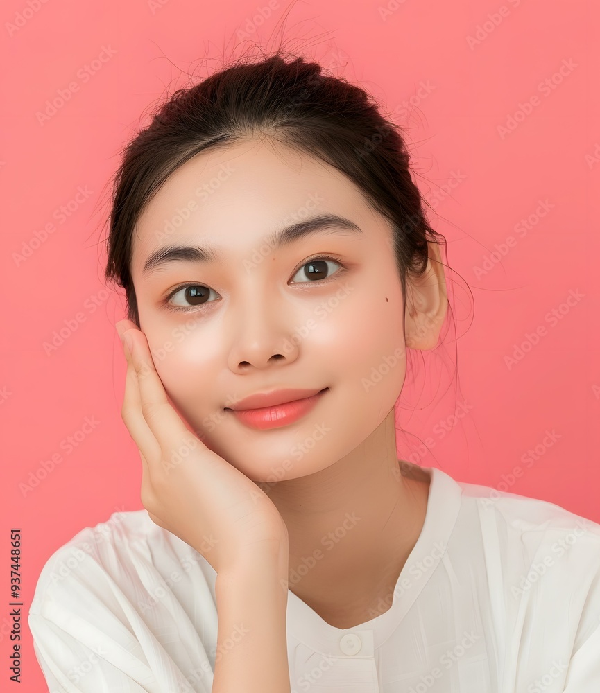 Smiling Asian Woman with White Shirt and Pink Background Smiling Asian Woman with White Shirt and Pink Background