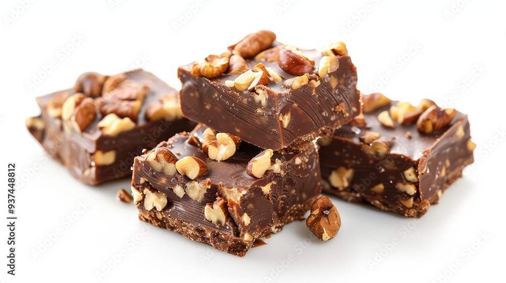 Homemade fudge squares with nuts isolated on white background Homemade fudge squares with nuts isolated on white background