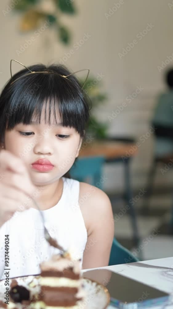 Chinese Malaysian six year old girl enjoying chocolate cake in stylish Western style cafe in June in Selangor, Malaysia, in vertical slow motion video. Chinese Malaysian six year old girl enjoying chocolate cake in stylish Western style cafe in June in Selangor, Malaysia, in vertical slow motion video.