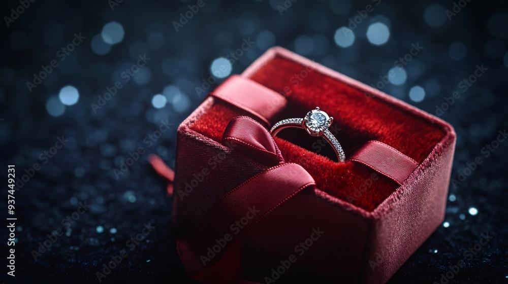 A luxurious, velvet-lined gift box with a sparkling diamond ring inside, isolated on a dark, romantic background A luxurious, velvet-lined gift box with a sparkling diamond ring inside, isolated on a dark, romantic background