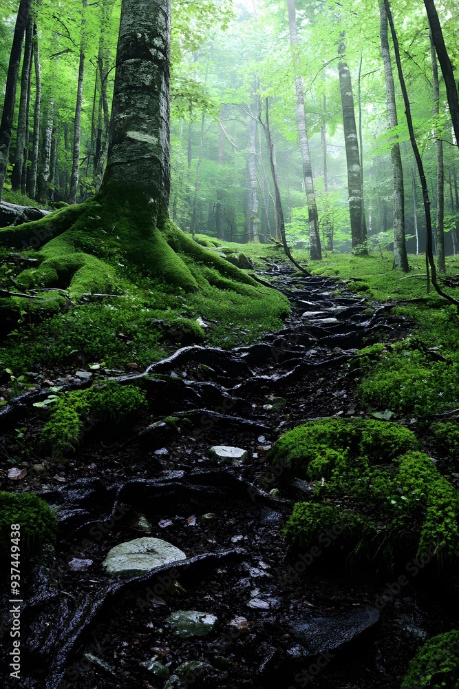 Obraz premium Forest Path Through Trees With Moss Covered Roots