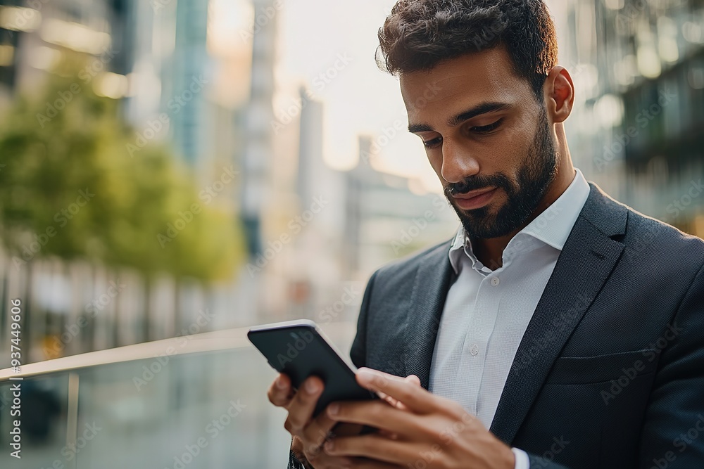 Businessman using smartphone in urban setting, focus on hands an Businessman using smartphone in urban setting, focus on hands an