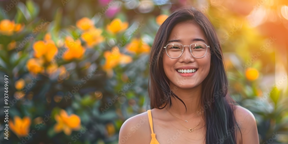Smiling Woman In Yellow Tank Top And Glasses Standing In A Garden Smiling Woman In Yellow Tank Top And Glasses Standing In A Garden