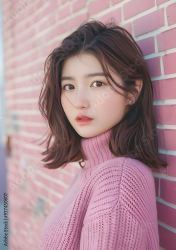 Young Asian Woman in Pink Sweater Leaning Against Brick Wall