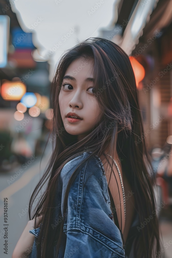 Fototapeta premium Young Woman in Denim Jacket Turning Her Head in City Street