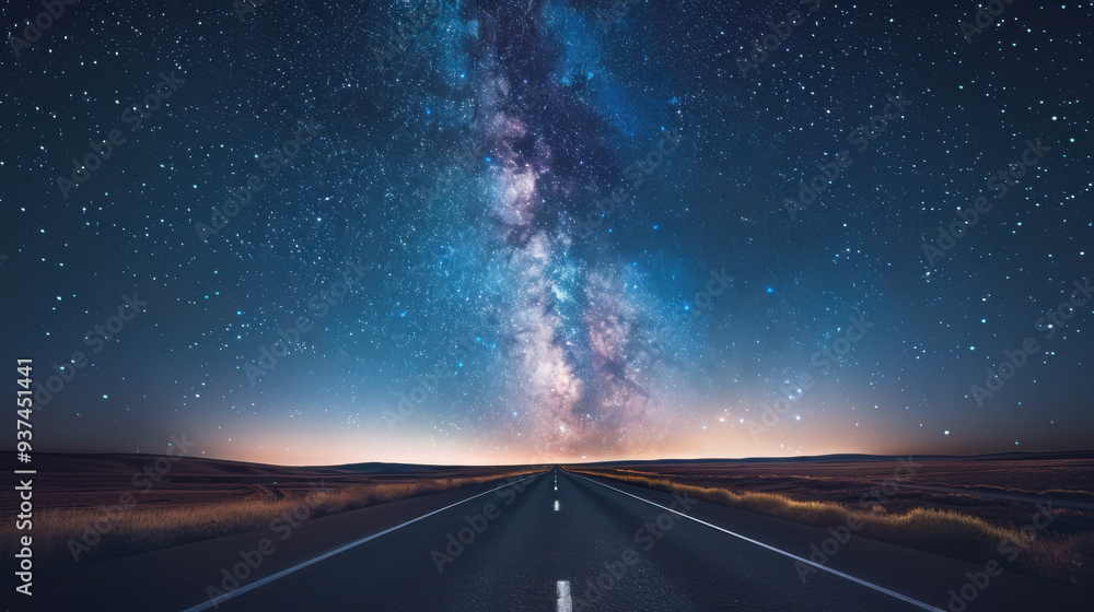 Naklejka premium A wide image of a highway extending into the horizon under a starry night sky.