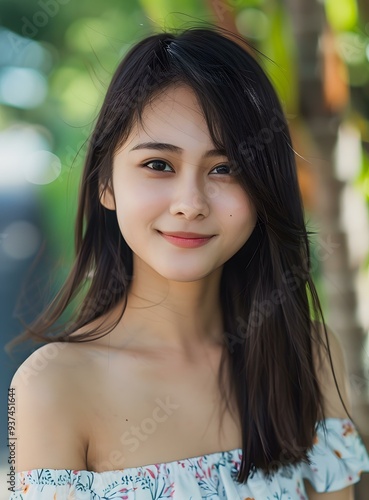 Smiling Asian Woman Portrait With Long Black Hair