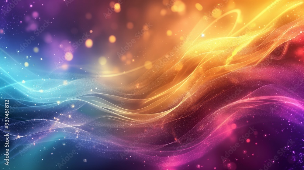 Fototapeta premium Abstract background with glowing waves in blue, yellow, and pink with a bokeh effect.