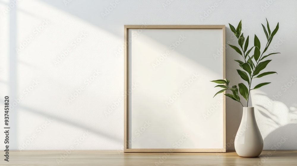 Blank frame leaning on a wooden table, minimal decor with a small vase and greenery in a white room Blank frame leaning on a wooden table, minimal decor with a small vase and greenery in a white room