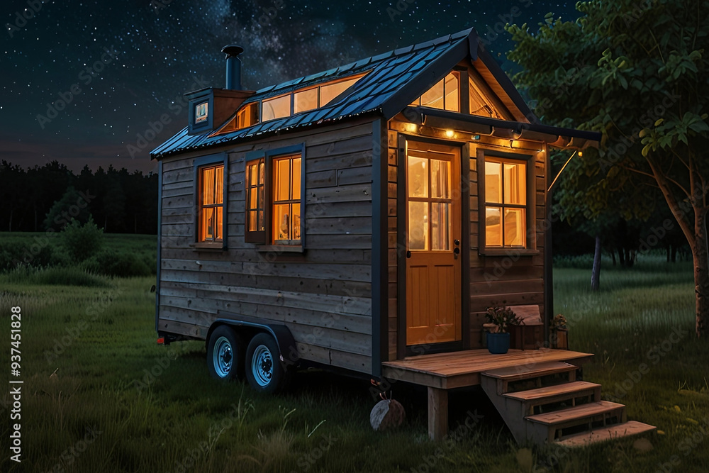 Cozy tiny house with glowing windows, surrounded by lush greenery, beneath a magical starry night sky.