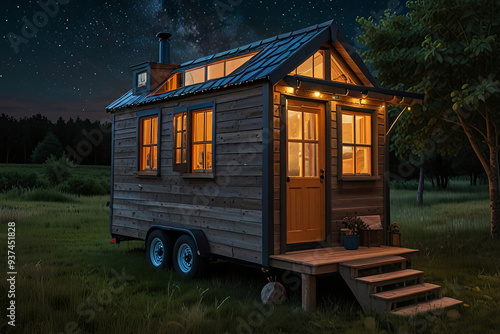 Obraz na płótnie Cozy tiny house with glowing windows, surrounded by lush greenery, beneath a magical starry night sky. w salonie