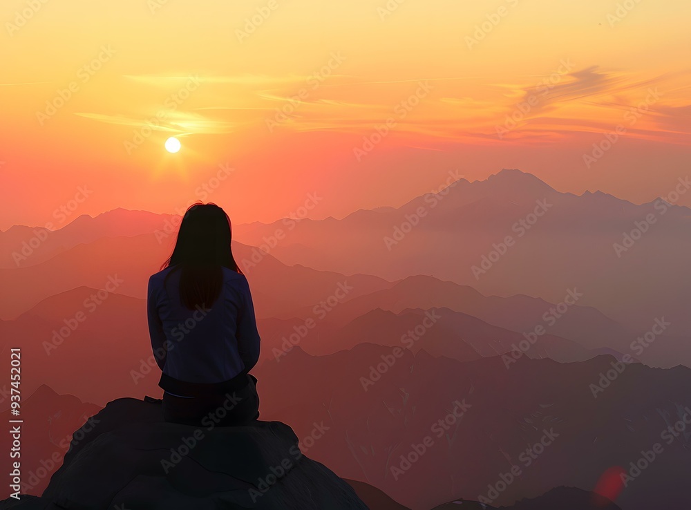 Woman Sitting on a Mountaintop at Sunset Woman Sitting on a Mountaintop at Sunset