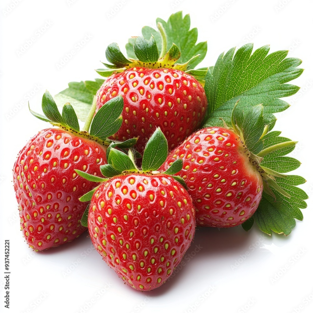Ripe red strawberry fruit with leaves isolated on white background. Healthy eating menu Ripe red strawberry fruit with leaves isolated on white background. Healthy eating menu