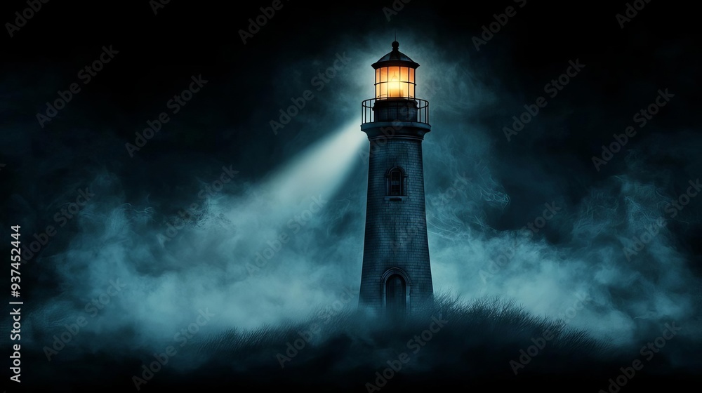 Pirate s haunted lighthouse, eerie light beam, shrouded in mist, Halloween night, Watercolor style Pirate s haunted lighthouse, eerie light beam, shrouded in mist, Halloween night, Watercolor style