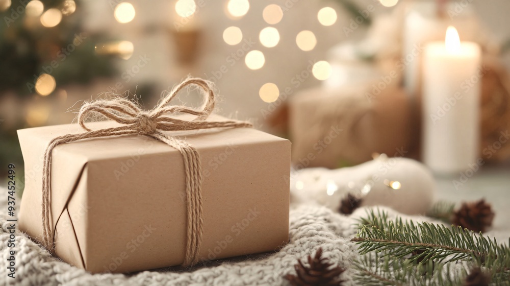 A rustic kraft paper gift box with a twine bow, set against a cozy, farmhouse-themed backdrop A rustic kraft paper gift box with a twine bow, set against a cozy, farmhouse-themed backdrop