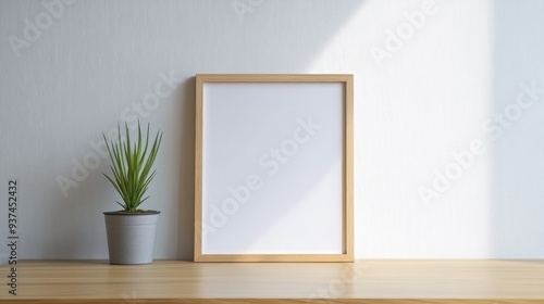 frame on a wooden table, minimal decor with a small plant and white walls, minimalist room