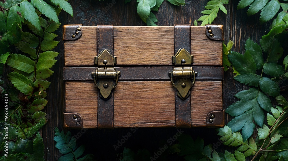 A rustic, wooden gift box with metal clasps, isolated on a nature-inspired background with earthy tones and greenery A rustic, wooden gift box with metal clasps, isolated on a nature-inspired background with earthy tones and greenery