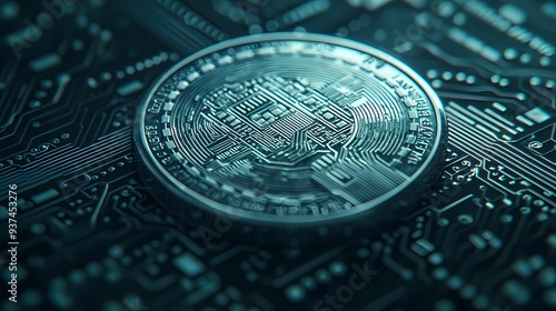 Close-up of a cryptocurrency coin on a digital circuit board, representing technology and finance in a modern world. photo