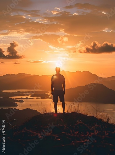 Silhouette of a Man Standing on a Mountain Top at Sunset