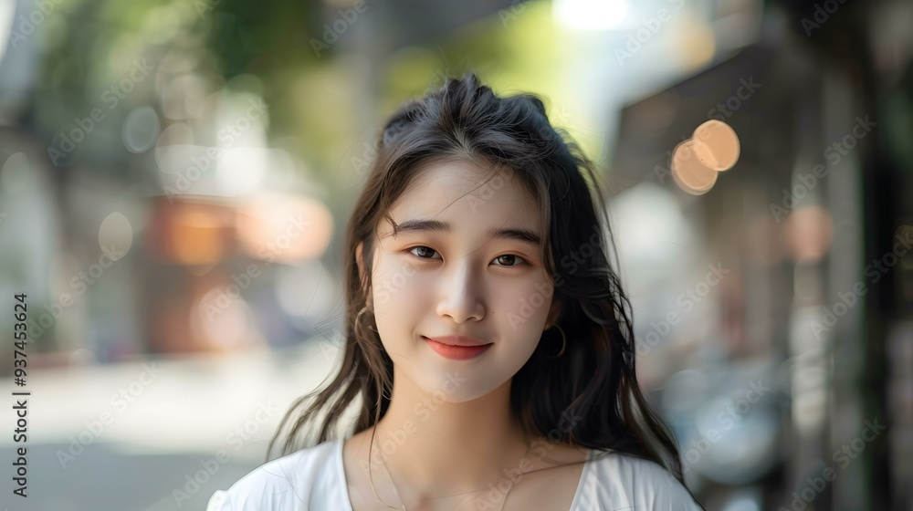 Smiling Asian Woman with Long Black Hair and a White Shirt Smiling Asian Woman with Long Black Hair and a White Shirt