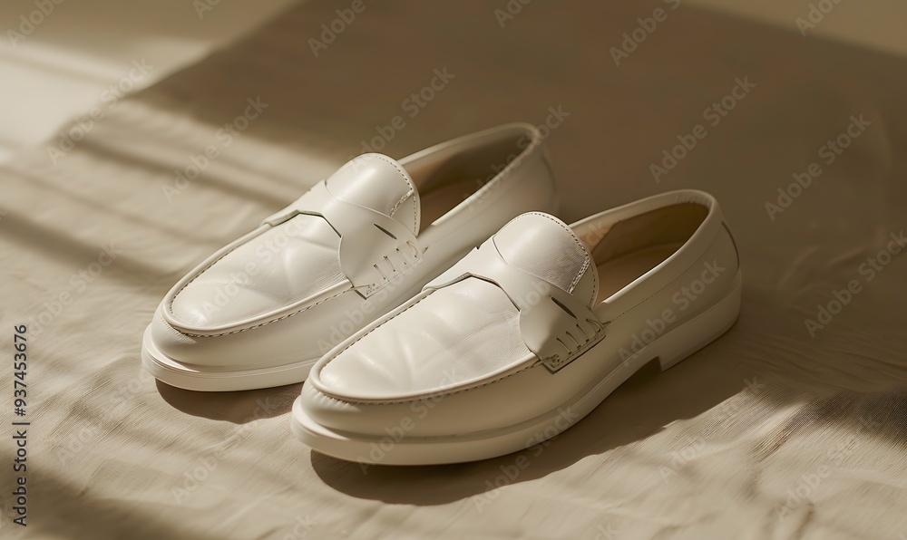 White lather loafer mules shoes on beige. White lather loafer mules shoes on beige.