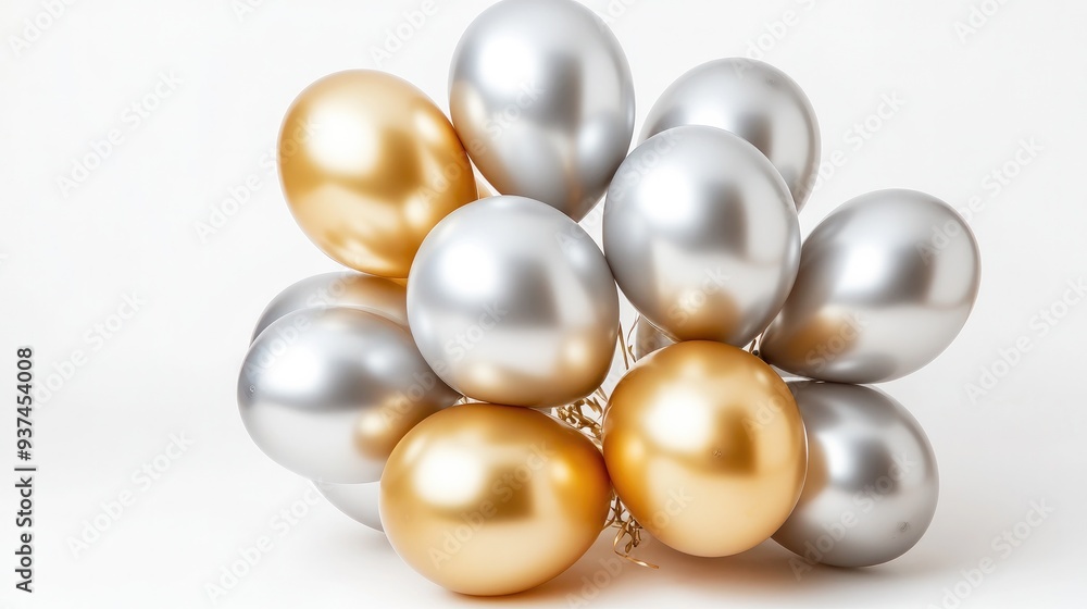 Bundle of metallic silver and gold balloons, clustered together, isolated on white, ready for a festive event Bundle of metallic silver and gold balloons, clustered together, isolated on white, ready for a festive event