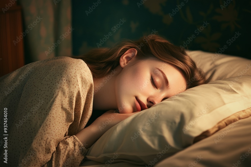 A peaceful moment captured in soft light. A young girl sleeps soundly in a cozy bed. The serene atmosphere invites calm and relaxation. Generative AI A peaceful moment captured in soft light. A young girl sleeps soundly in a cozy bed. The serene atmosphere invites calm and relaxation. Generative AI