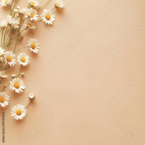 a close-up of a daisy flowers with beige plain background