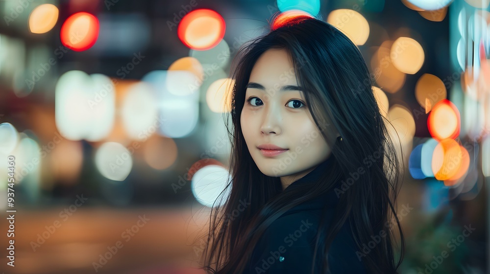 Beautiful Asian Woman Looking Over Shoulder in City Beautiful Asian Woman Looking Over Shoulder in City