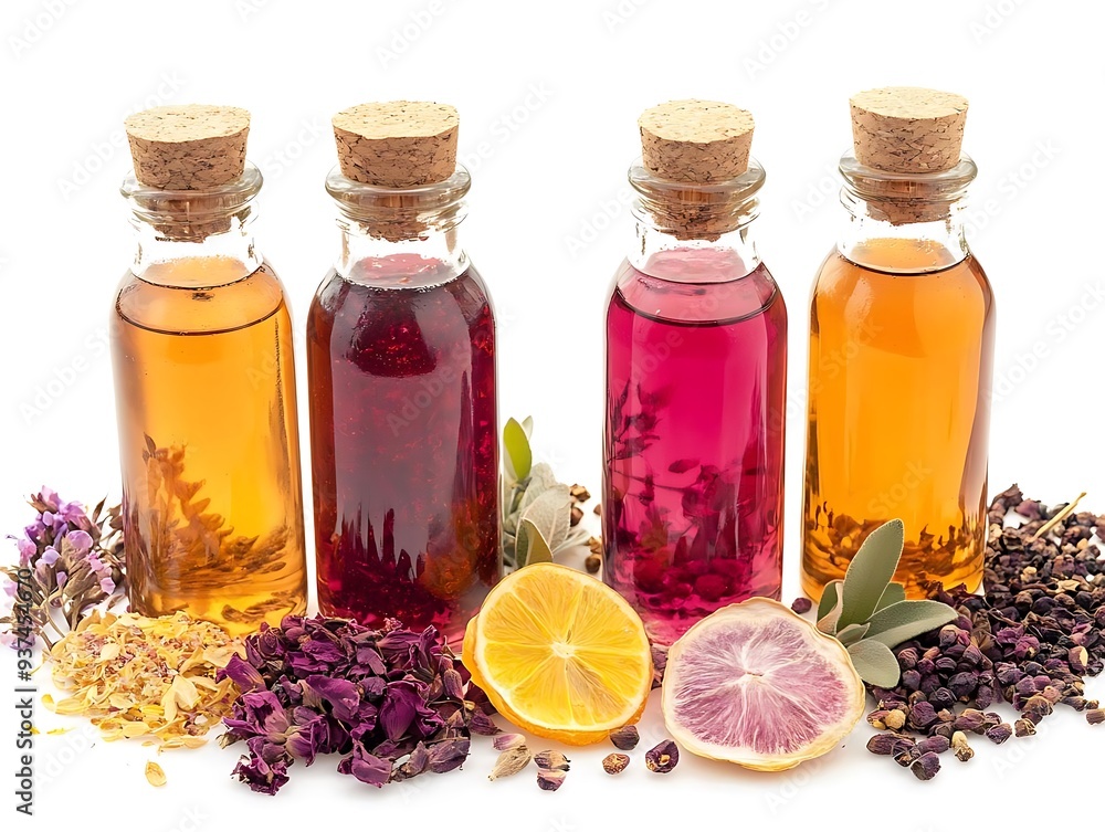 Four Glass Bottles with Dried Herbs and Flowers - Realistic Photo Four Glass Bottles with Dried Herbs and Flowers - Realistic Photo