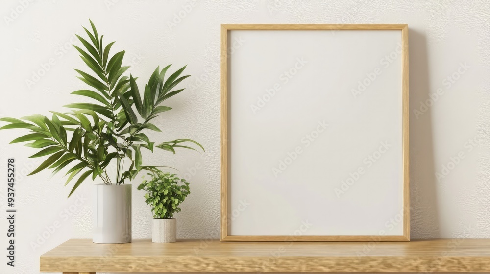 Elegant mockup frame leaning on a wooden table, white wall, and green plant decor, minimalist interior design Elegant mockup frame leaning on a wooden table, white wall, and green plant decor, minimalist interior design