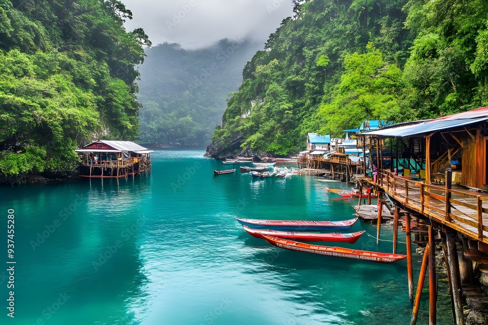 Wooden Houses on Stilts in a Tropical Lagoon Wooden Houses on Stilts in a Tropical Lagoon