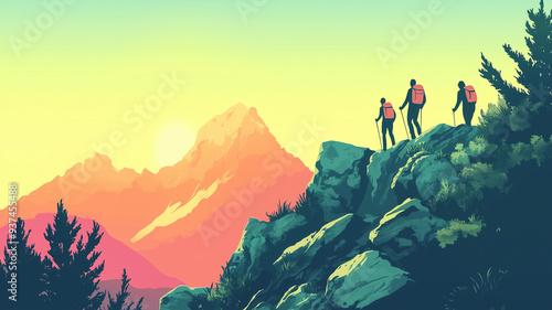 illustration, people hiking on a rocky trail in the mountains, summer time. Small group of hikers walking on a mountain trail in the alps. Outdoor activity, good health theme. Sporty vacations. photo