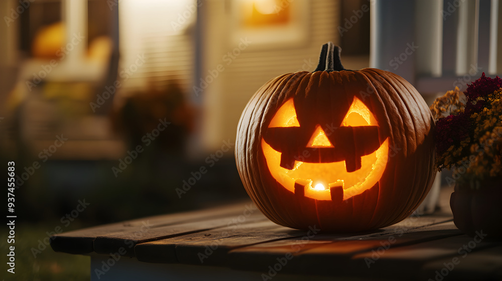 Spooky Glow: A Jack-o'-lantern on a Creepy Porch Halloween concept Spooky Glow: A Jack-o'-lantern on a Creepy Porch Halloween concept