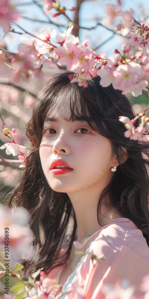 Asian Woman in Pink Dress Posing Among Cherry Blossoms Asian Woman in Pink Dress Posing Among Cherry Blossoms