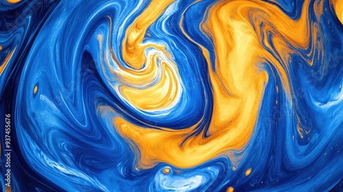 Vibrant abstract swirl with blue and orange hues, creating a mesmerizing fluid pattern. Ideal for backgrounds or artistic projects.