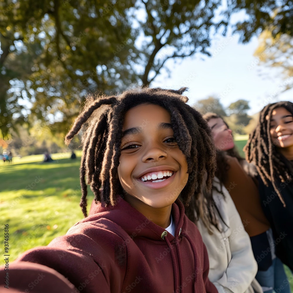 Smiling African American Boy Taking Selfie with Friends in Park Smiling African American Boy Taking Selfie with Friends in Park