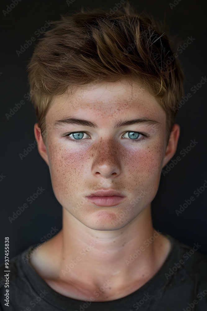 Fototapeta premium Portrait of a Young Man with Blue Eyes and Freckles