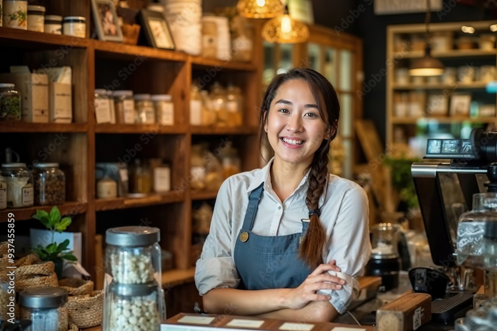 Woman Standing Behind Store Counter. Generative AI Woman Standing Behind Store Counter. Generative AI