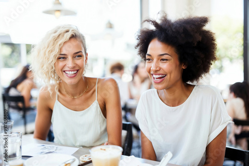 Two women are seated at a table, both smiling at the camera in a friendly manner. Generative AI