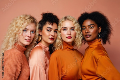 A group of diverse women standing in a row next to each other, showcasing unity and togetherness. Generative AI