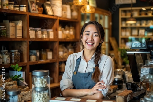 Woman Standing Behind Store Counter. Generative AI